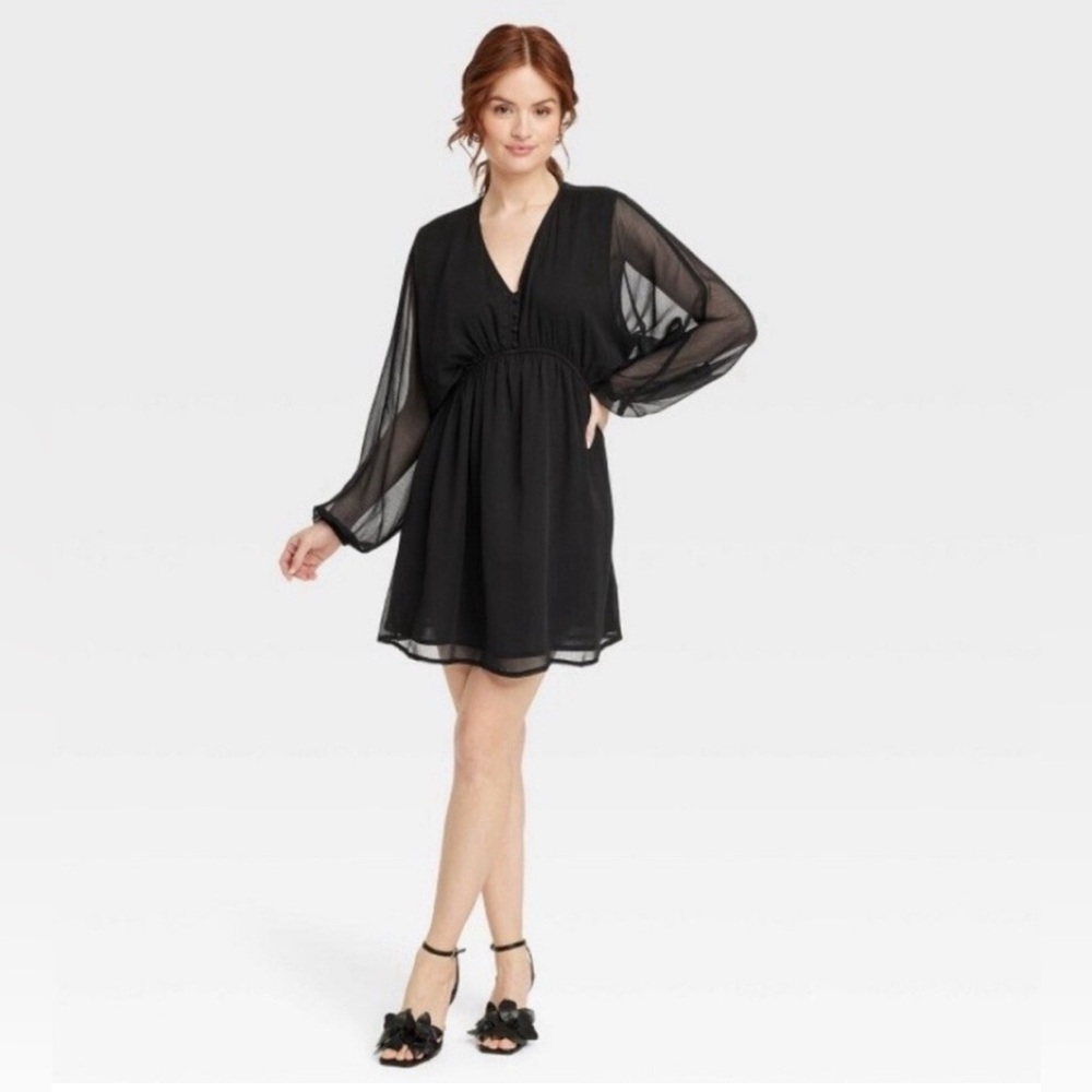 a new day Black crepe chiffon flowy Long Sleeve Dress